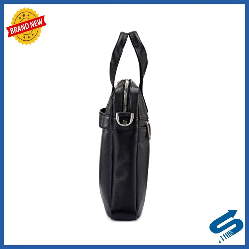 Leather Slim Briefcase with Padded Laptop Compartment and Detachable Strap